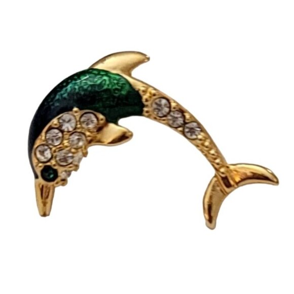 Krementz Gold Tone Green Enamel Clear Rhinestone Dolphin Lapel Scatter Pin, K134 - Picture 2 of 7